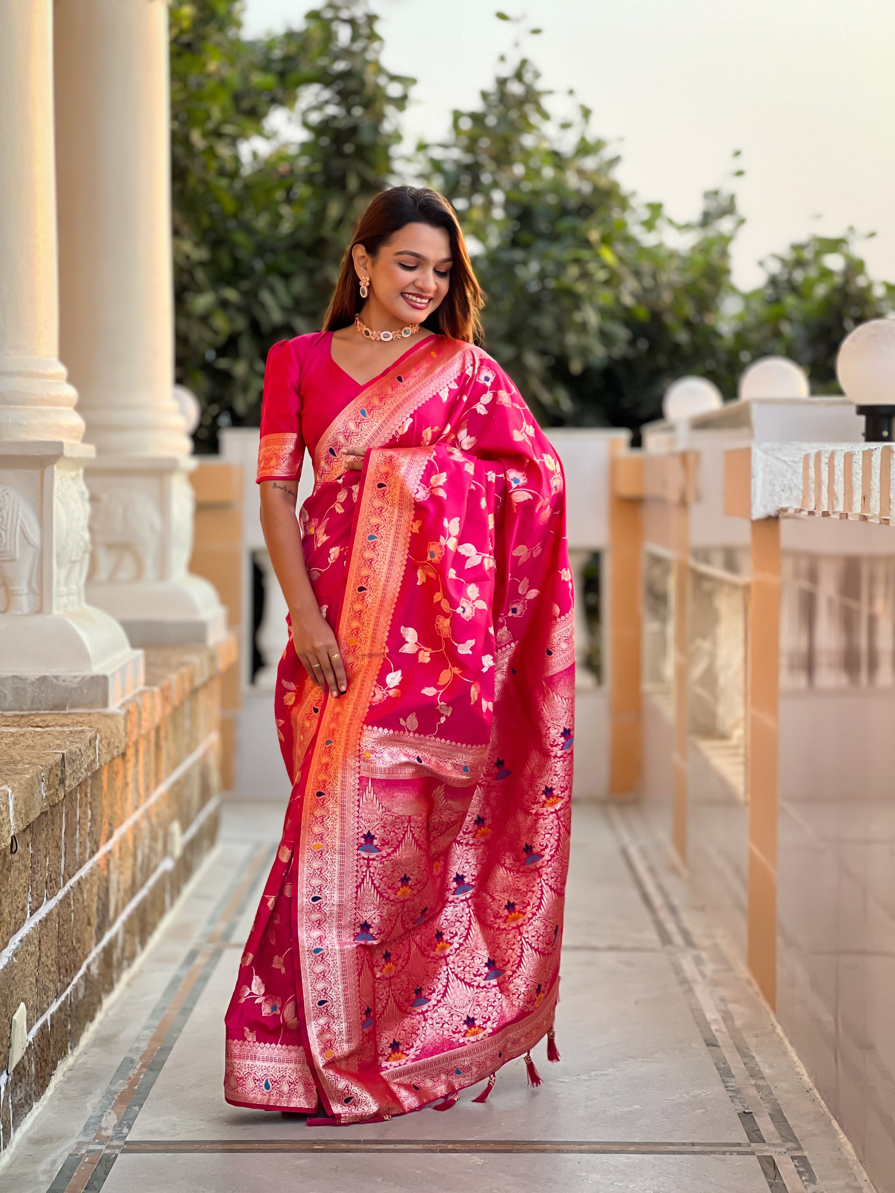 Rani Pink Varni Fabrics Women's Traditional Banarasi Silk Saree with Woven Design & Blouse