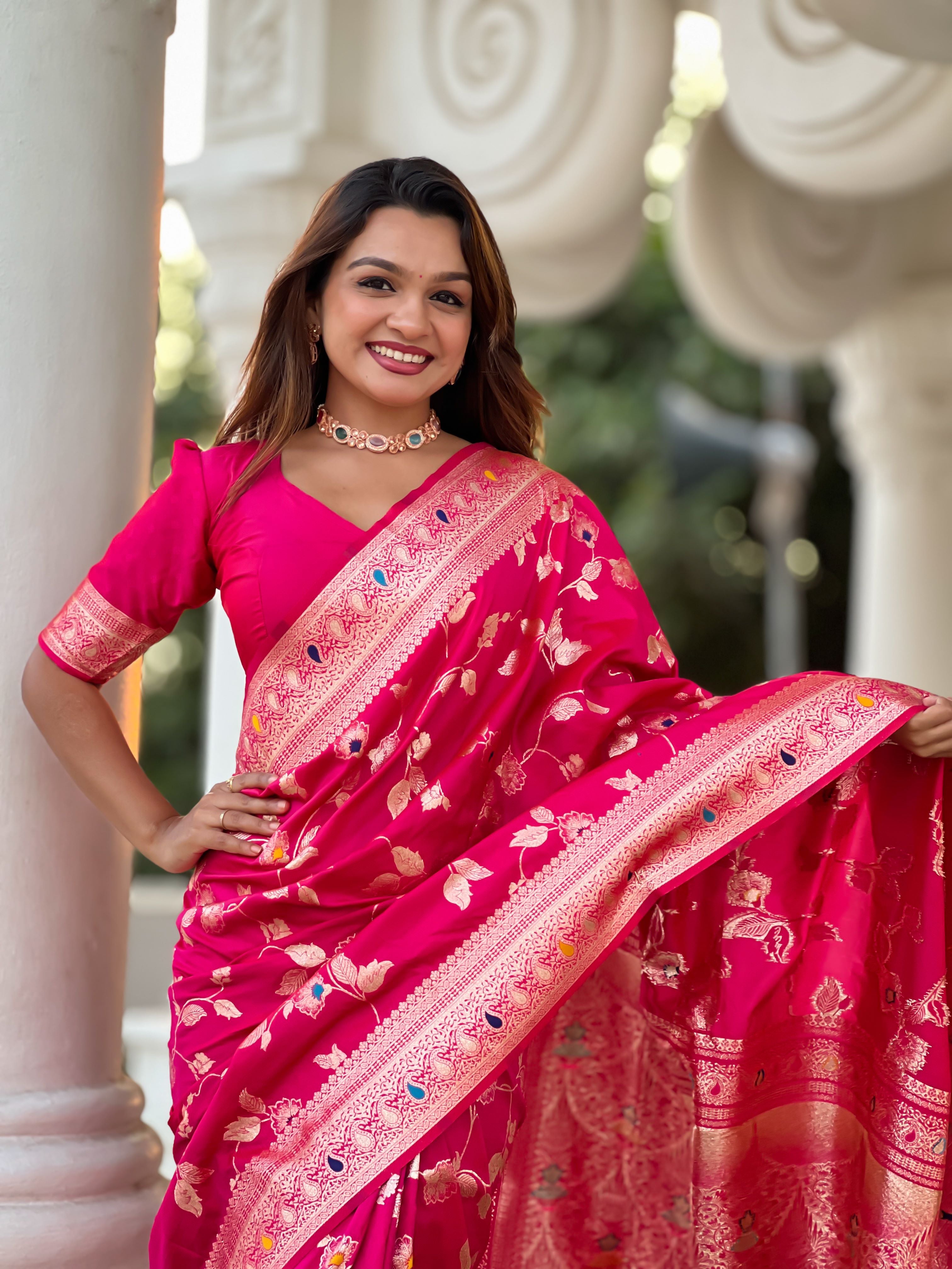 Rani Pink Varni Fabrics Women's Traditional Banarasi Silk Saree with Woven Design & Blouse