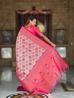 Pink Soft kanjivaram silk saree with zari weaving Meenakari design all over the saree & Meenakari weawing Rich pallu with Meenakari weawing swan border & tessels attached at Pallu End. Blouse :- Soft silk weawing blouse piece