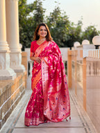 Rani Pink Varni Fabrics Women's Traditional Banarasi Silk Saree with Woven Design & Blouse
