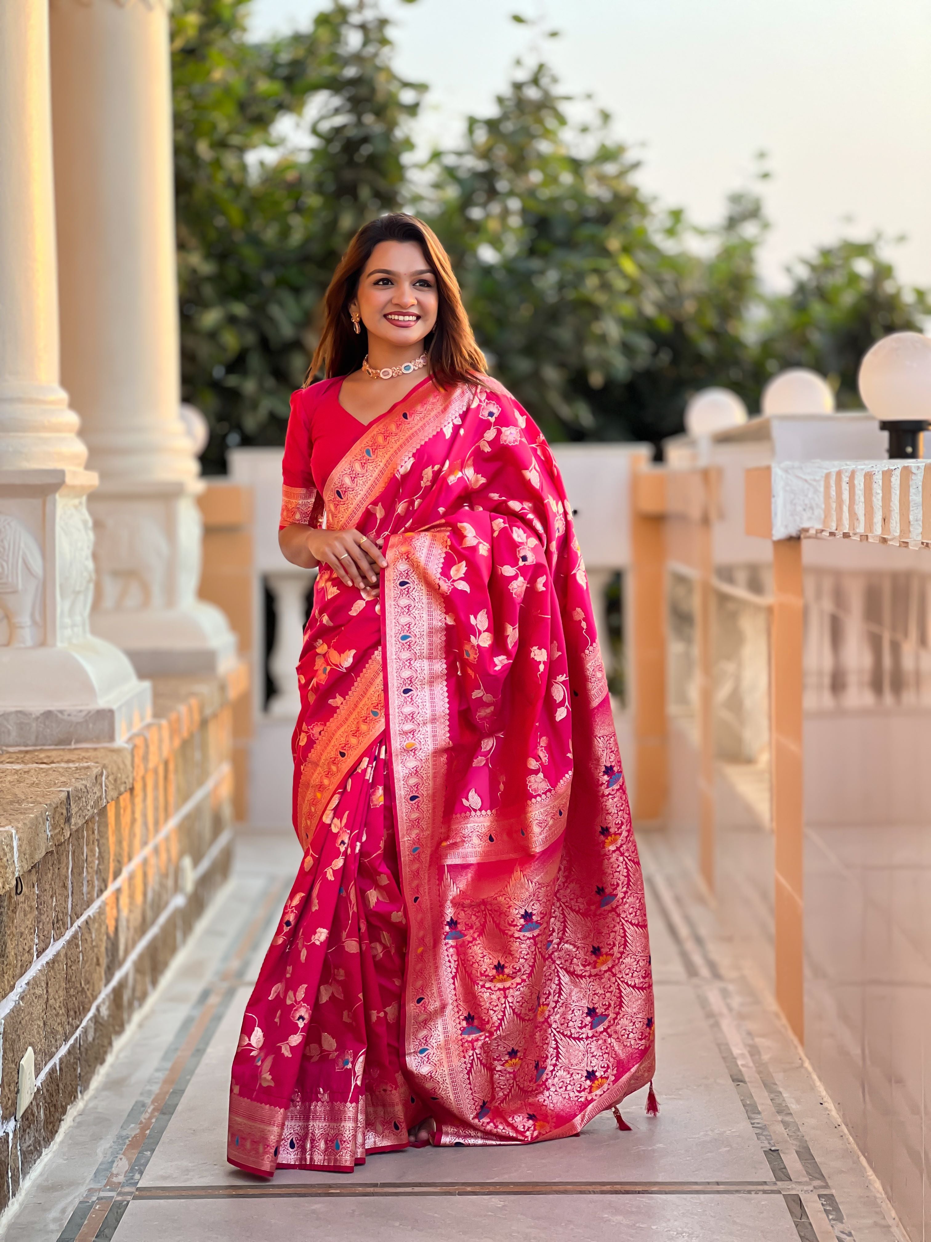 Rani Pink Varni Fabrics Women's Traditional Banarasi Silk Saree with Woven Design & Blouse