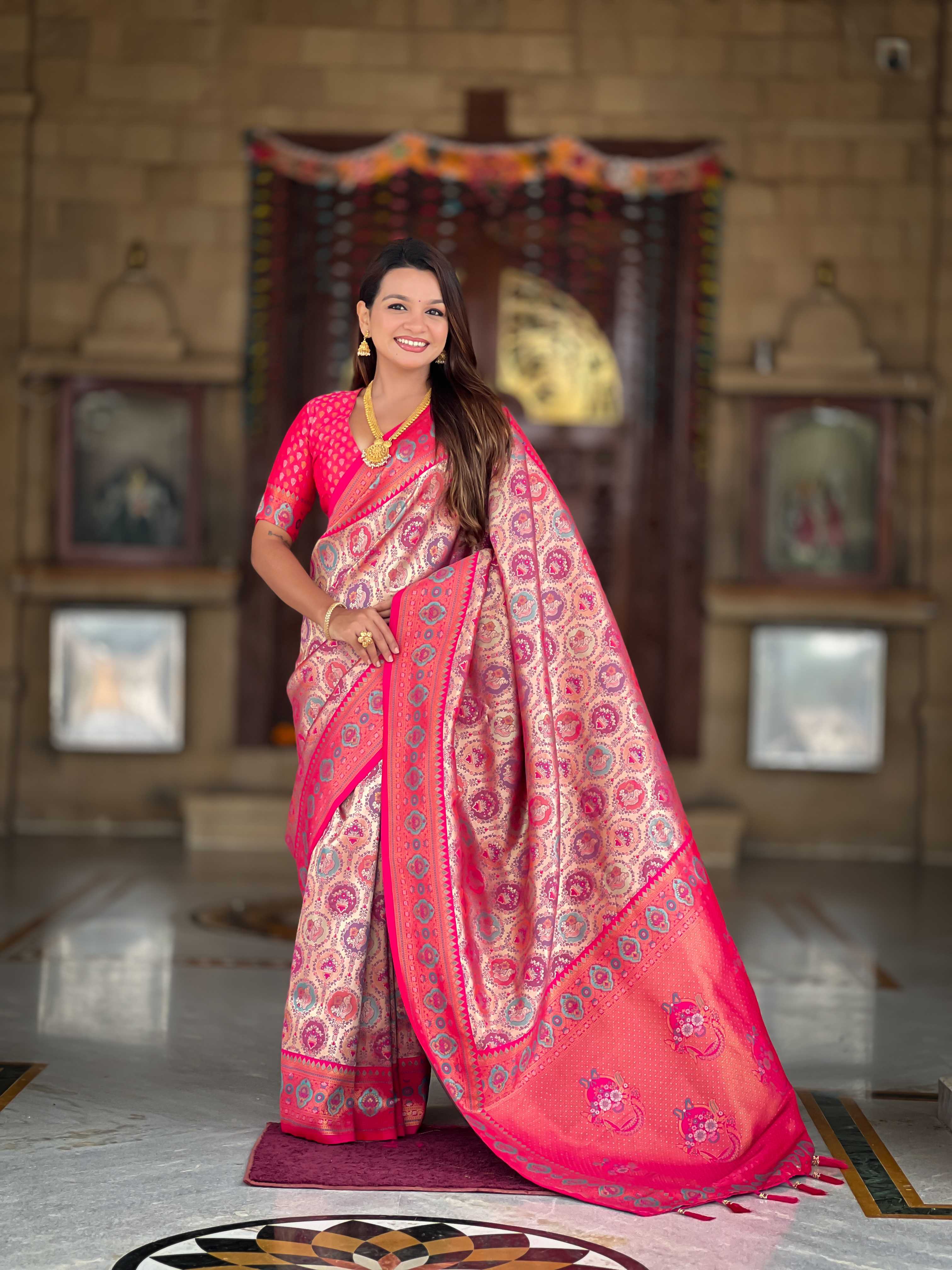 Pink Soft kanjivaram silk saree with zari weaving Meenakari design all over the saree & Meenakari weawing Rich pallu with Meenakari weawing swan border & tessels attached at Pallu End. Blouse :- Soft silk weawing blouse piece