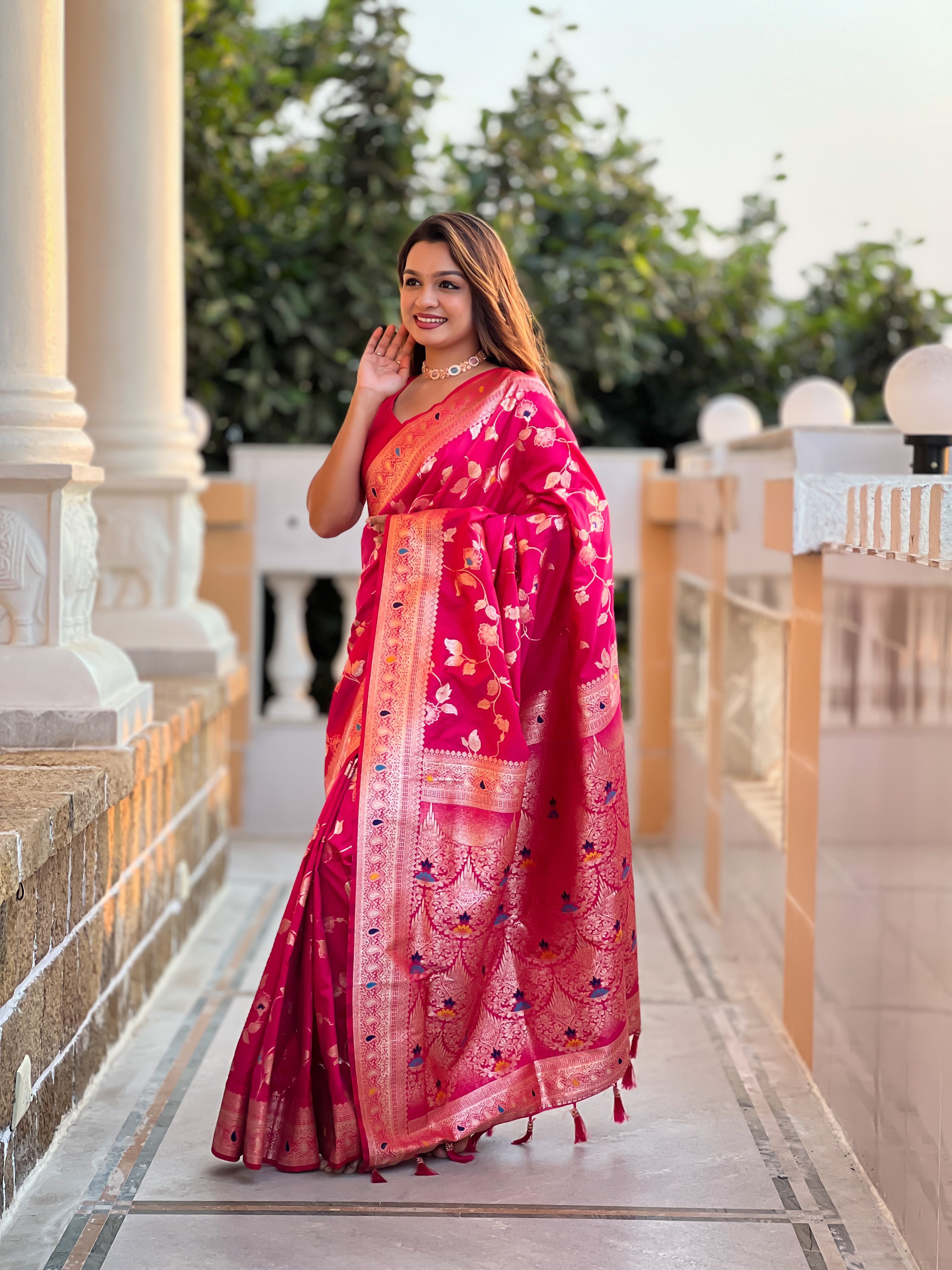 Rani Pink Varni Fabrics Women's Traditional Banarasi Silk Saree with Woven Design & Blouse