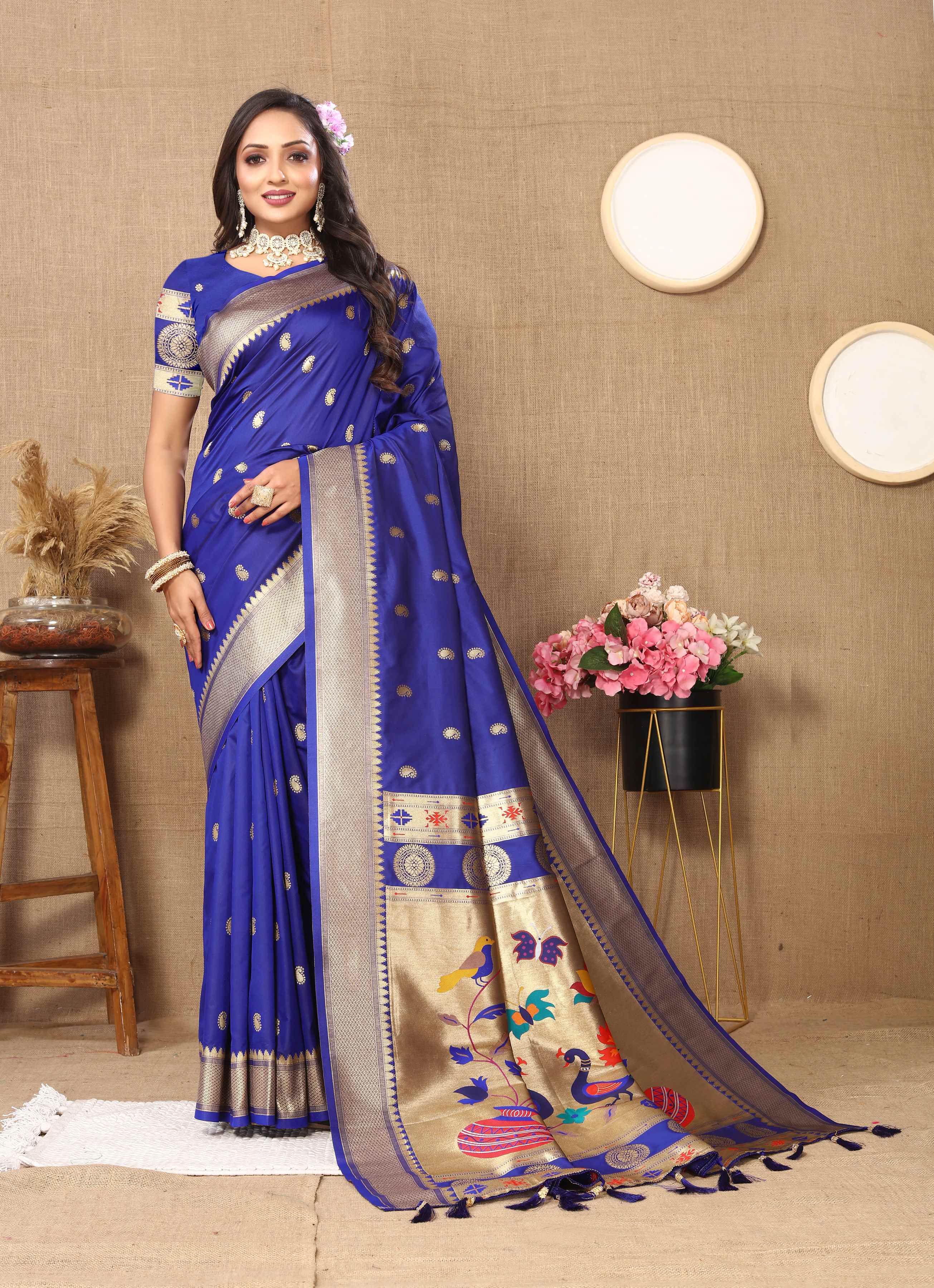 Royal Blue Soft Paithani Silk Saree with Zari Motifs, Meenakari Pallu & Contrast Blouse