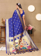 Royal Blue Soft Paithani Silk Saree with Zari Motifs, Meenakari Pallu & Contrast Blouse