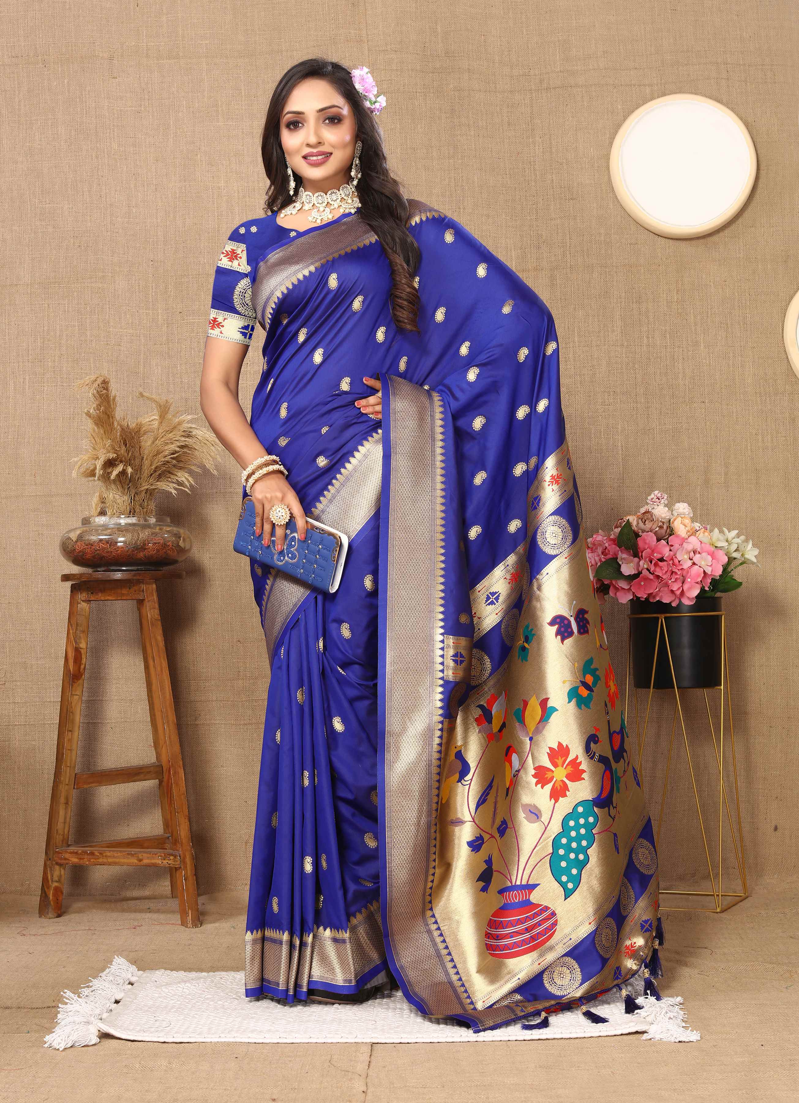 Royal Blue Soft Paithani Silk Saree with Zari Motifs, Meenakari Pallu & Contrast Blouse
