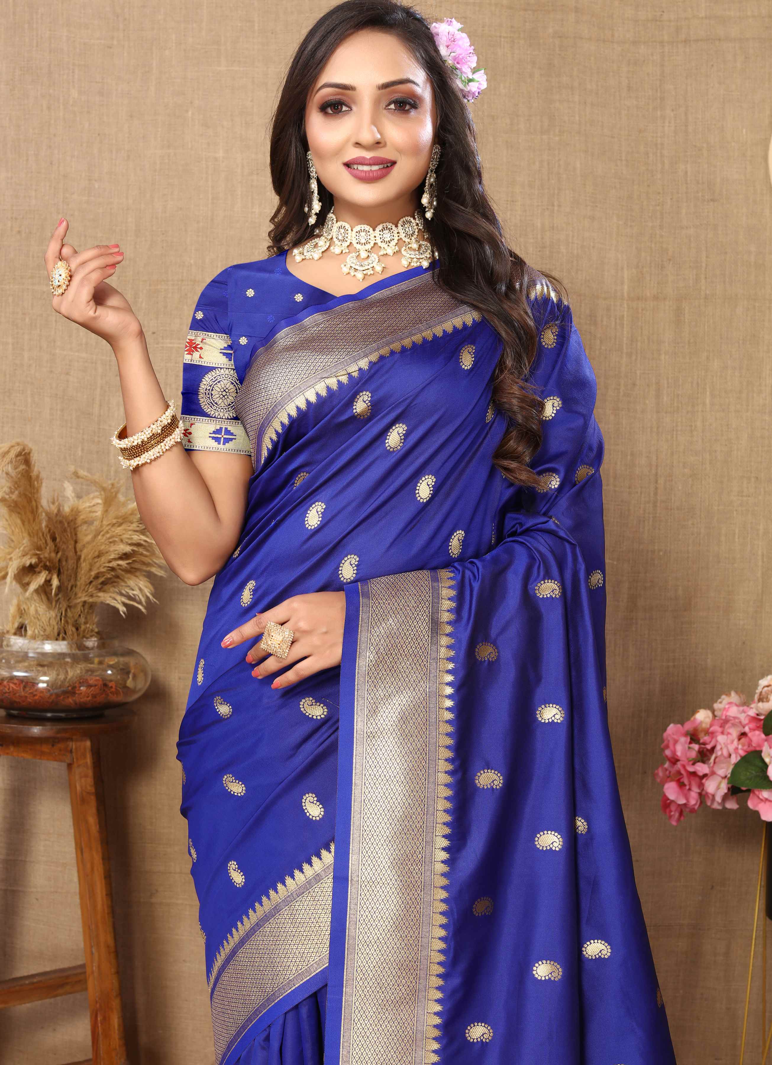 Royal Blue Soft Paithani Silk Saree with Zari Motifs, Meenakari Pallu & Contrast Blouse