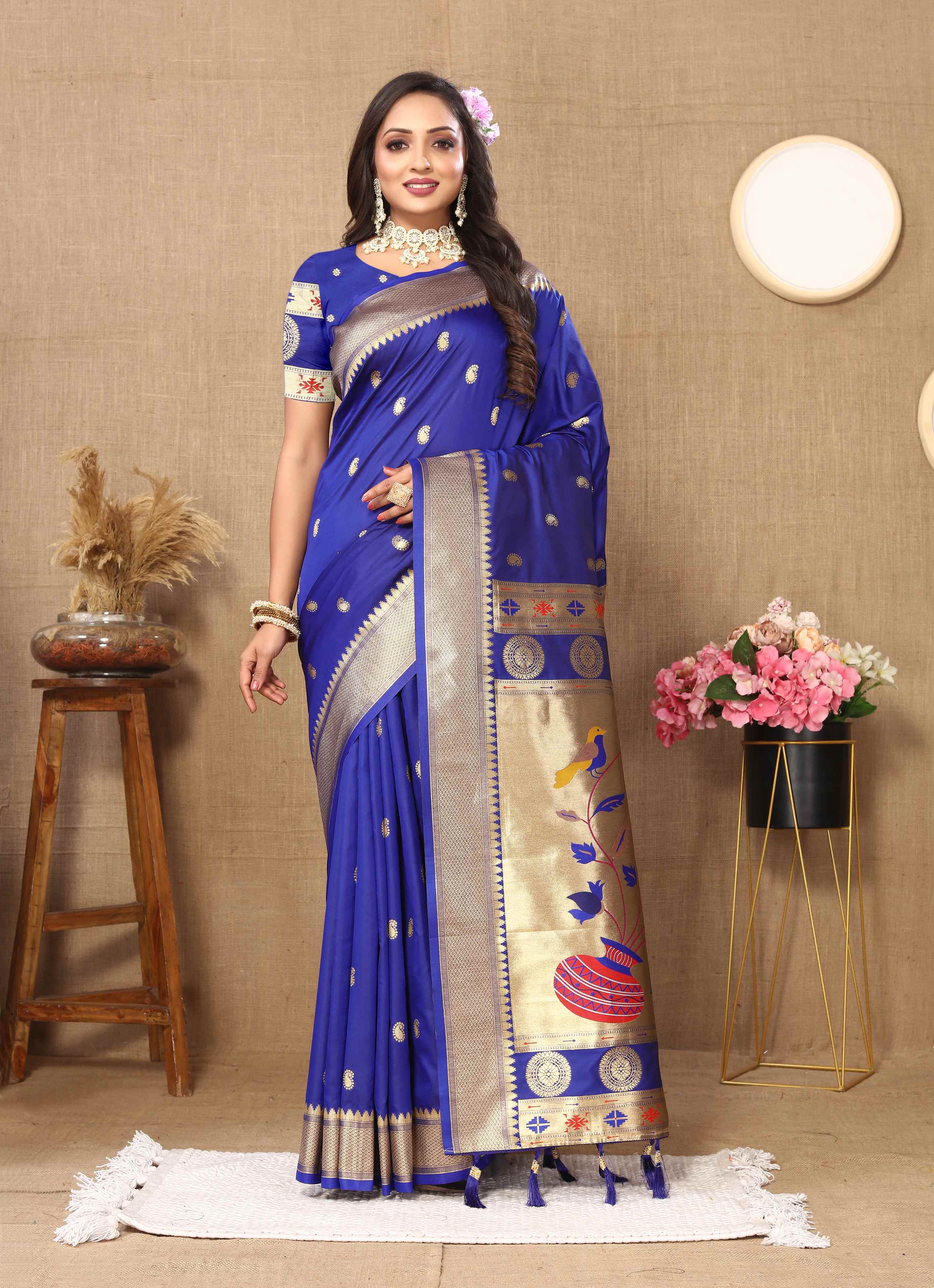 Royal Blue Soft Paithani Silk Saree with Zari Motifs, Meenakari Pallu & Contrast Blouse