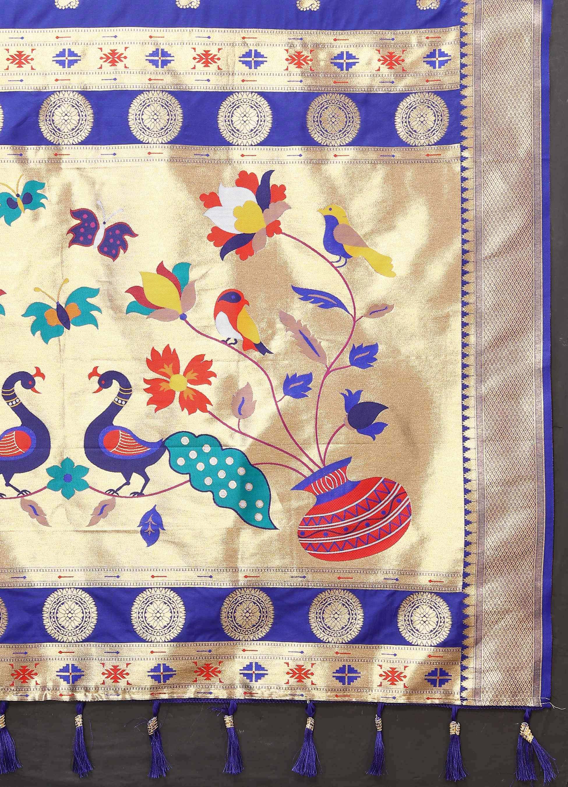 Royal Blue Soft Paithani Silk Saree with Zari Motifs, Meenakari Pallu & Contrast Blouse
