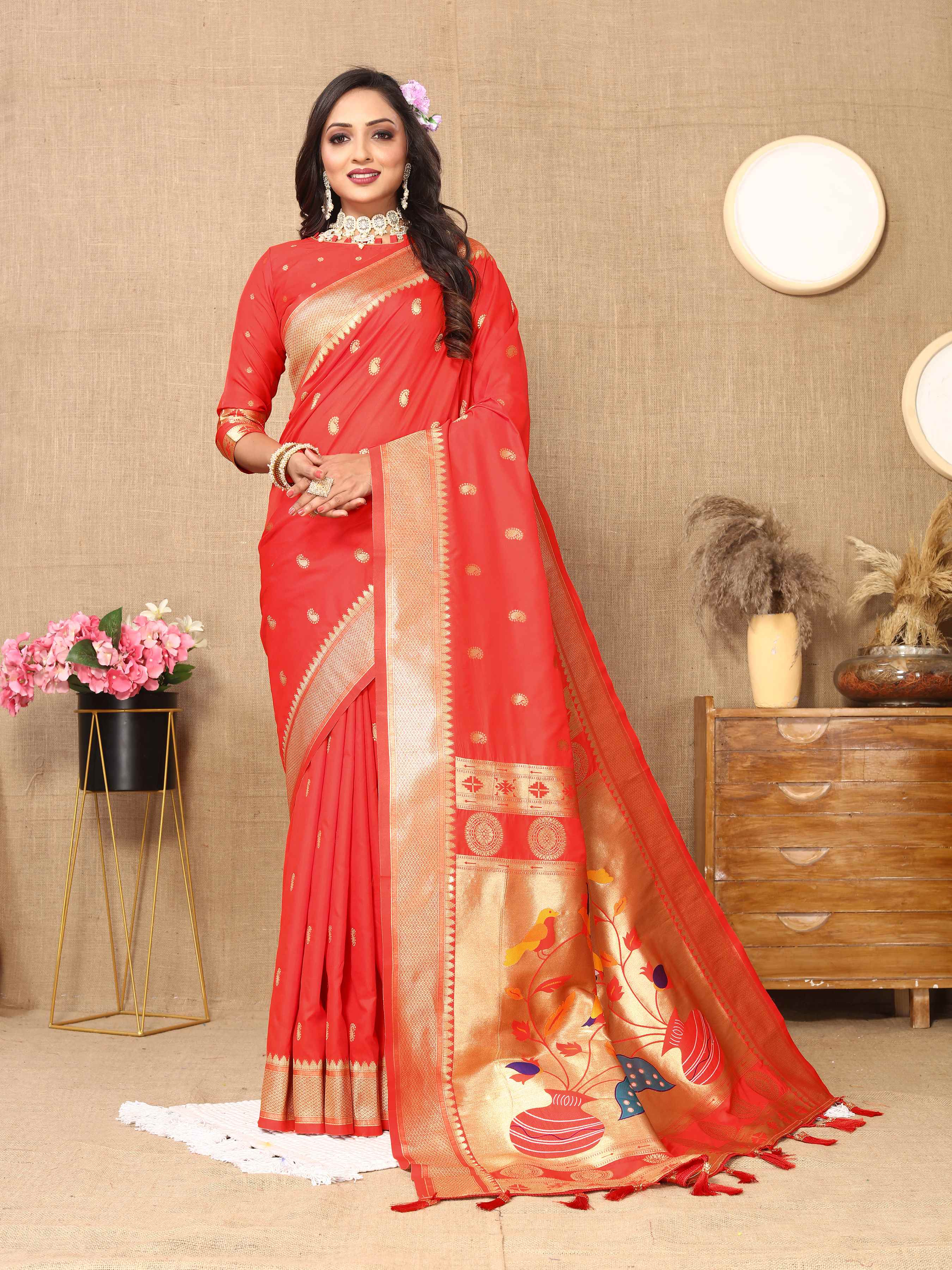 Red Soft Paithani Silk Saree with Zari Motifs, Meenakari Pallu & Contrast Blouse