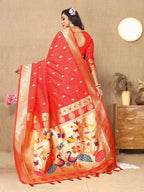 Red Soft Paithani Silk Saree with Zari Motifs, Meenakari Pallu & Contrast Blouse