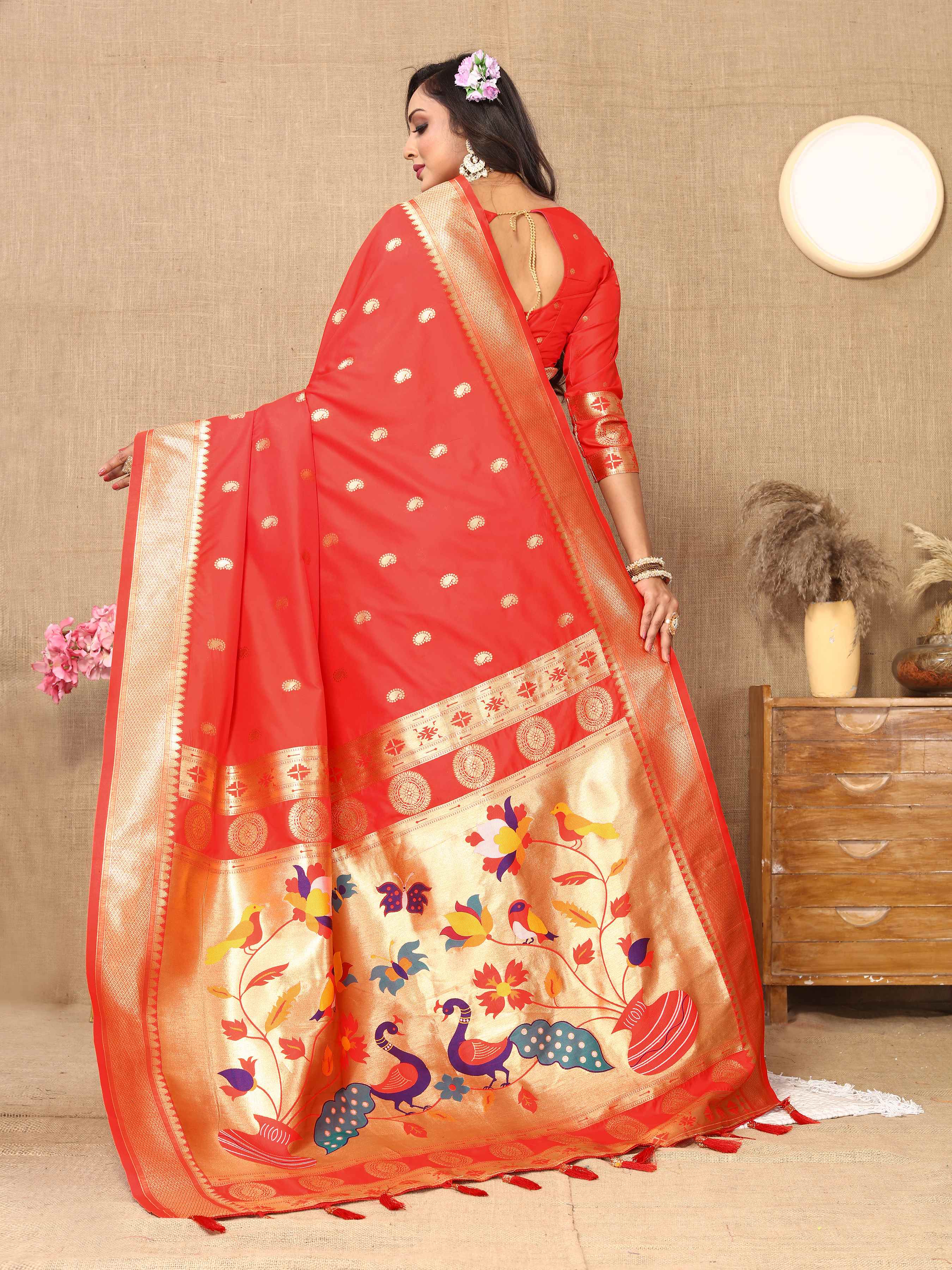 Red Soft Paithani Silk Saree with Zari Motifs, Meenakari Pallu & Contrast Blouse