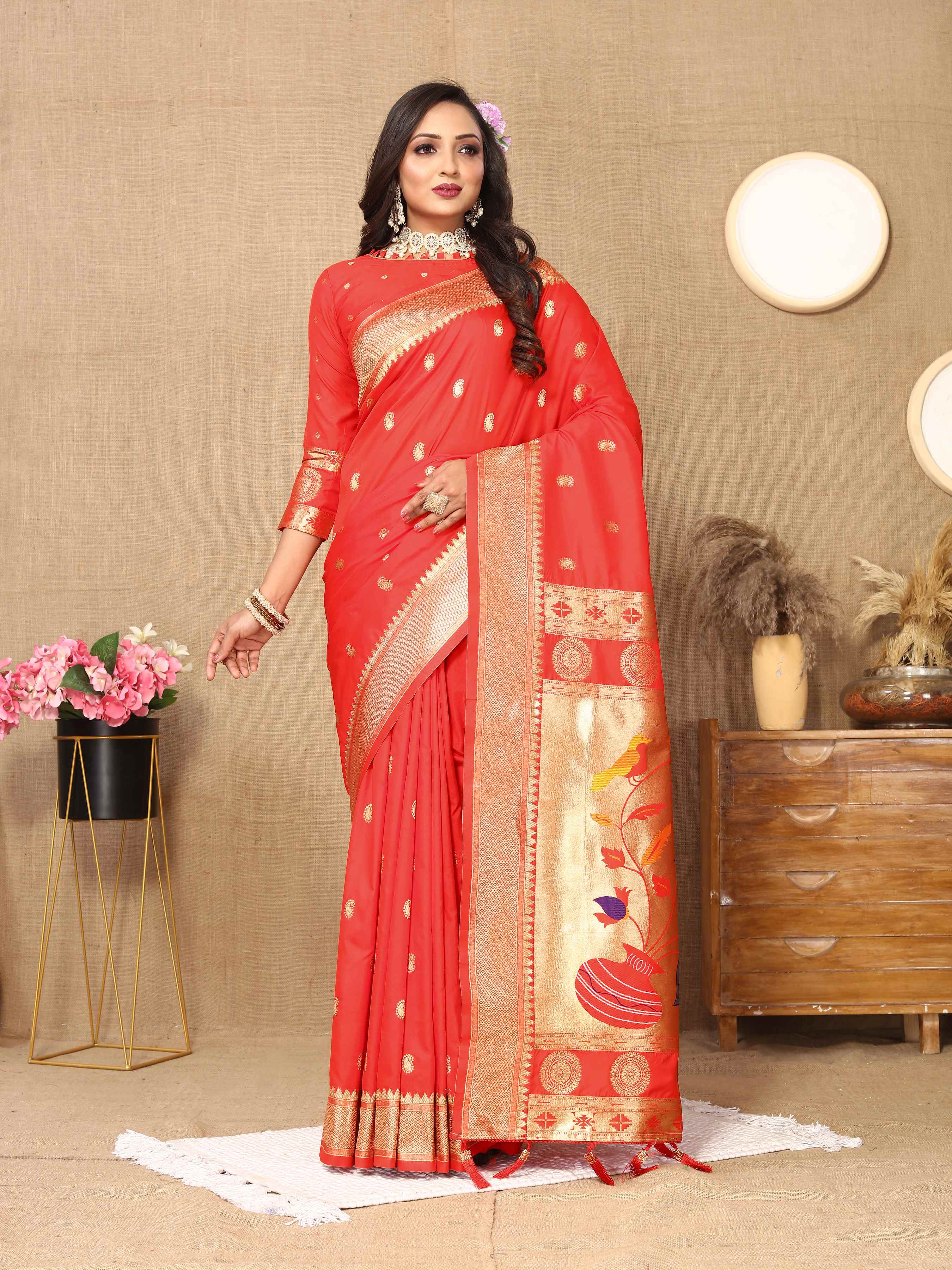Red Soft Paithani Silk Saree with Zari Motifs, Meenakari Pallu & Contrast Blouse