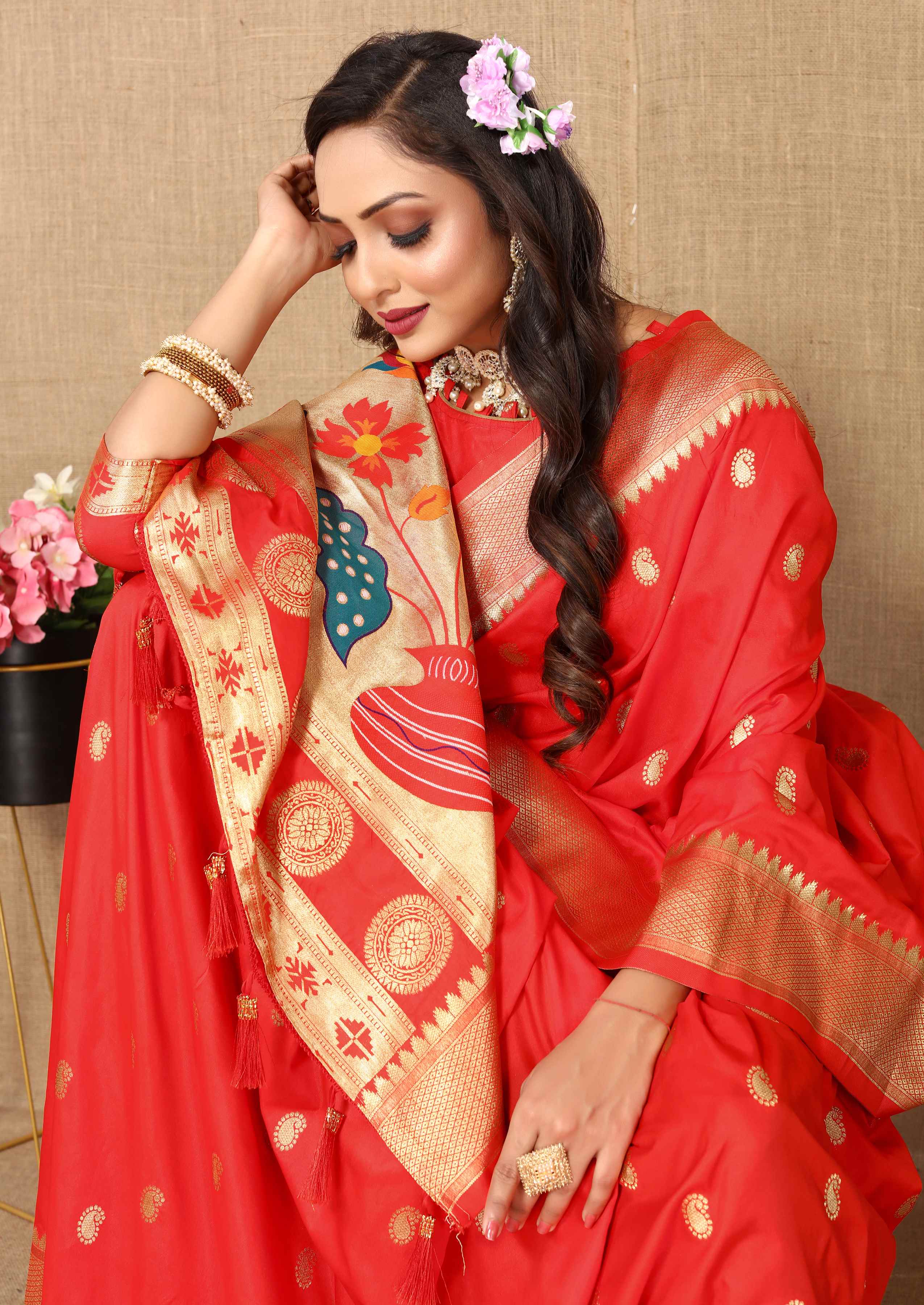Red Soft Paithani Silk Saree with Zari Motifs, Meenakari Pallu & Contrast Blouse