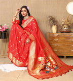 Red Soft Paithani Silk Saree with Zari Motifs, Meenakari Pallu & Contrast Blouse