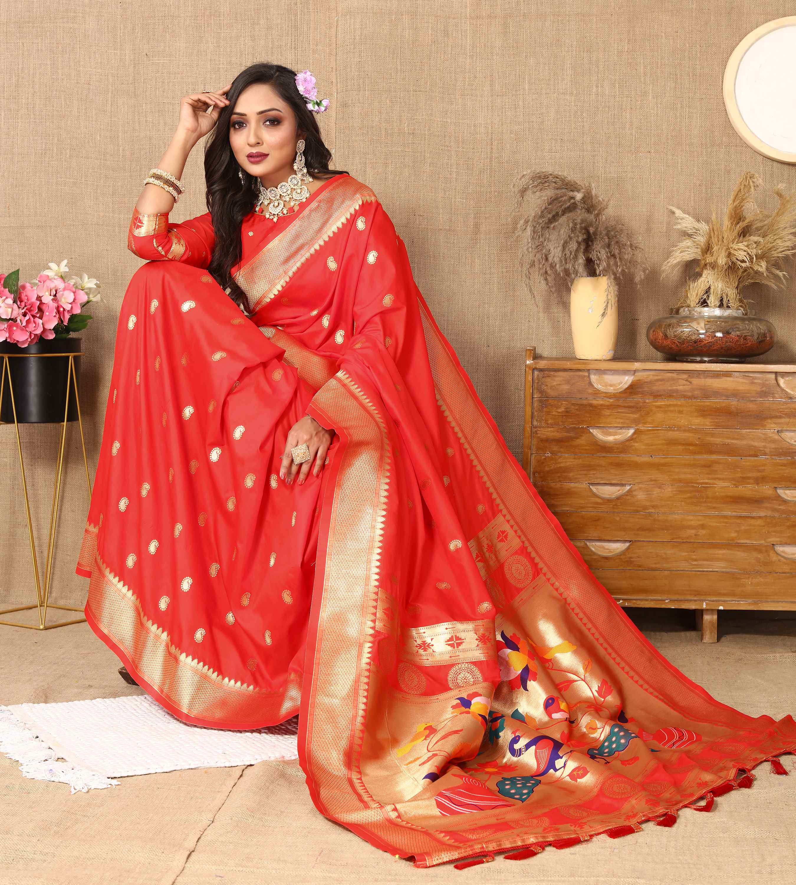 Red Soft Paithani Silk Saree with Zari Motifs, Meenakari Pallu & Contrast Blouse