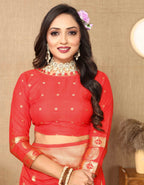 Red Soft Paithani Silk Saree with Zari Motifs, Meenakari Pallu & Contrast Blouse