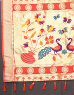 Red Soft Paithani Silk Saree with Zari Motifs, Meenakari Pallu & Contrast Blouse