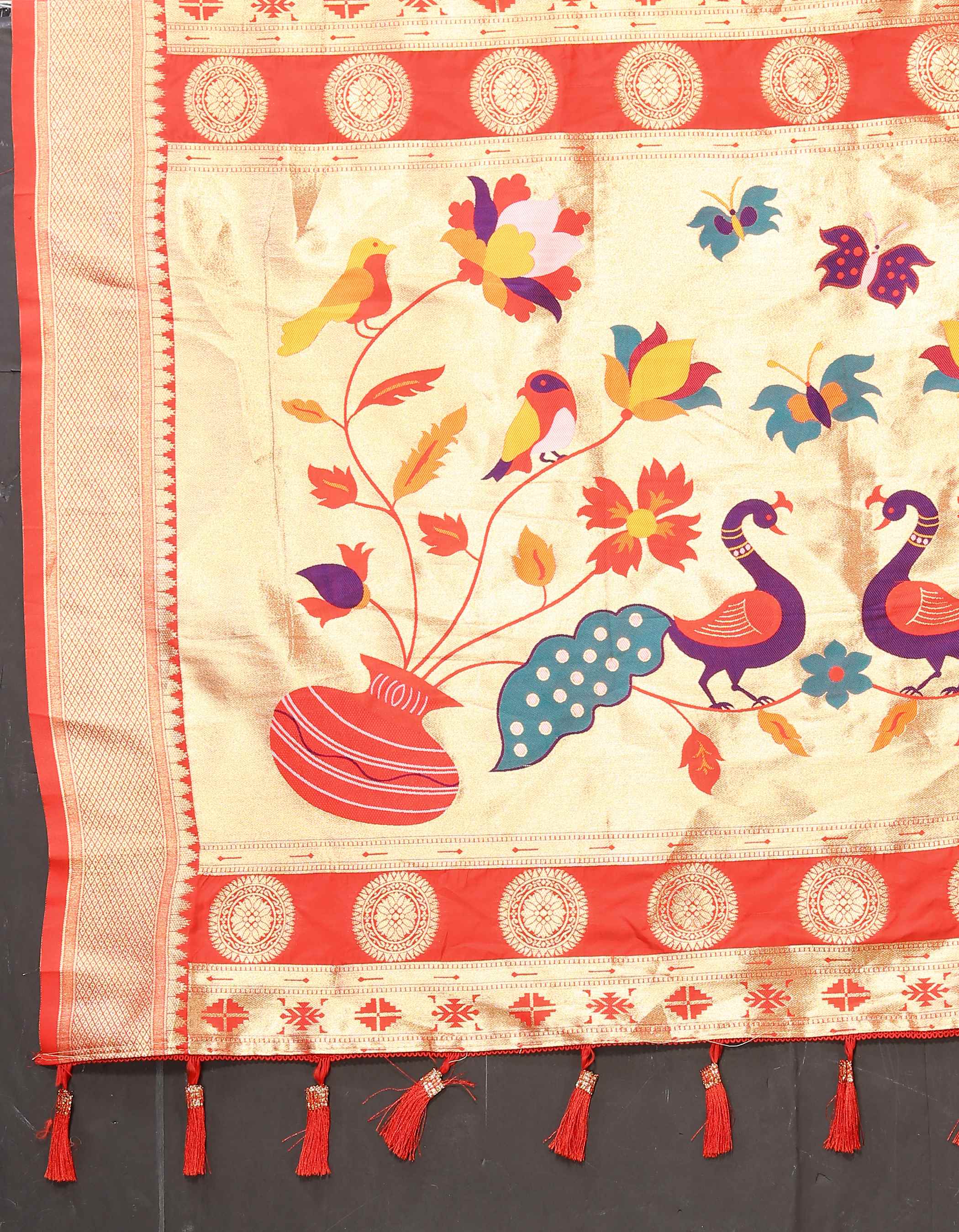 Red Soft Paithani Silk Saree with Zari Motifs, Meenakari Pallu & Contrast Blouse