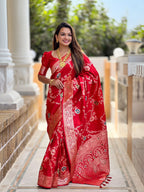 Red Varni Fabrics Women Floral Banarasi Silk Woven Saree comes With Matching Blouse