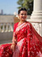 Red Varni Fabrics Women's Traditional Banarasi Silk Saree with Woven Design & Blouse