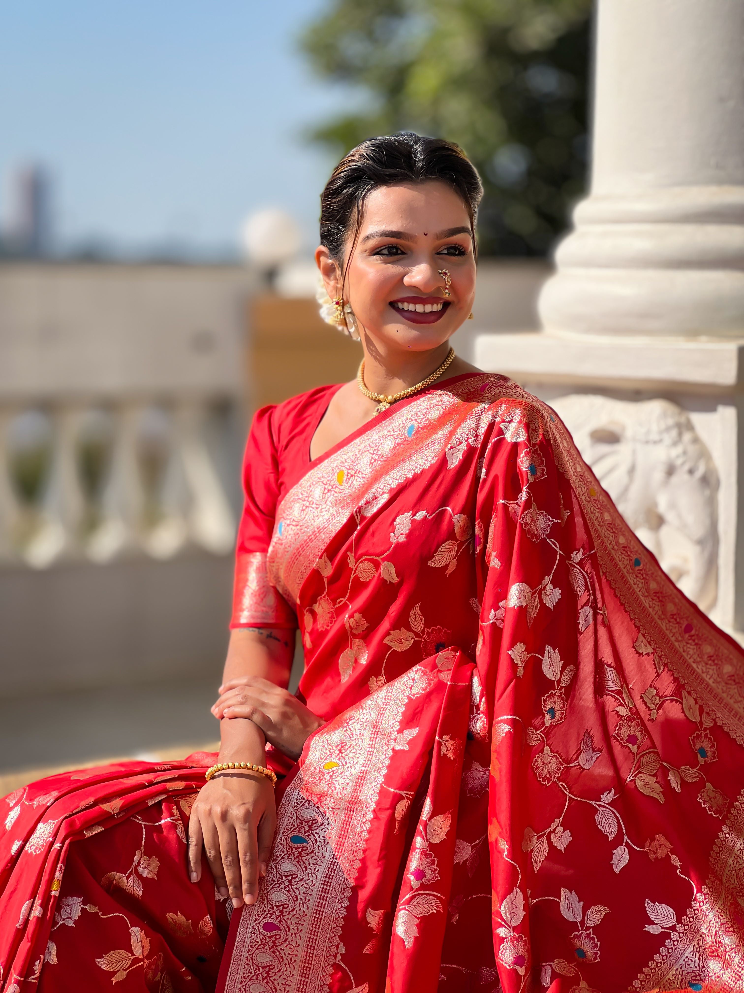 Red Varni Fabrics Women's Traditional Banarasi Silk Saree with Woven Design & Blouse