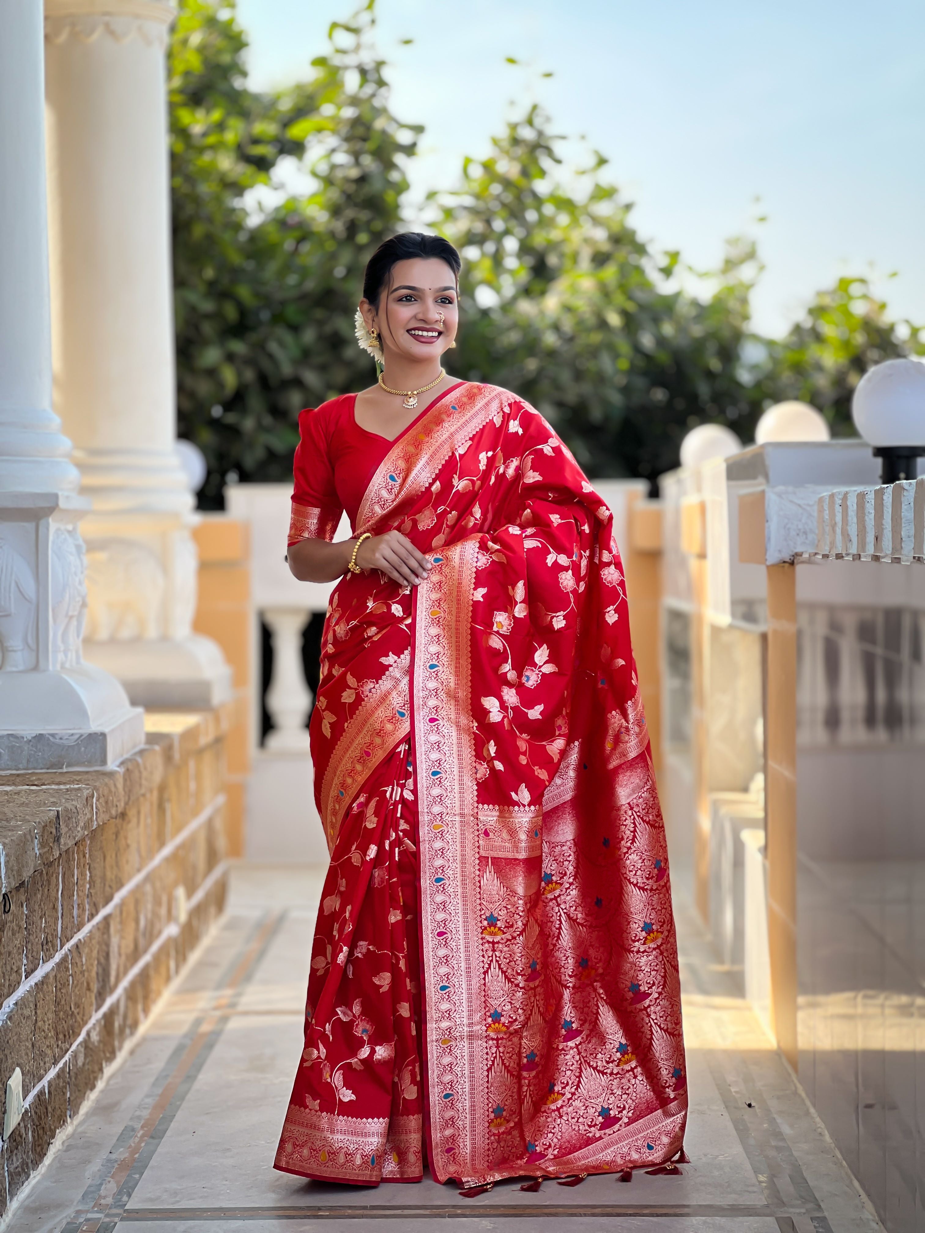 Red Varni Fabrics Women's Traditional Banarasi Silk Saree with Woven Design & Blouse