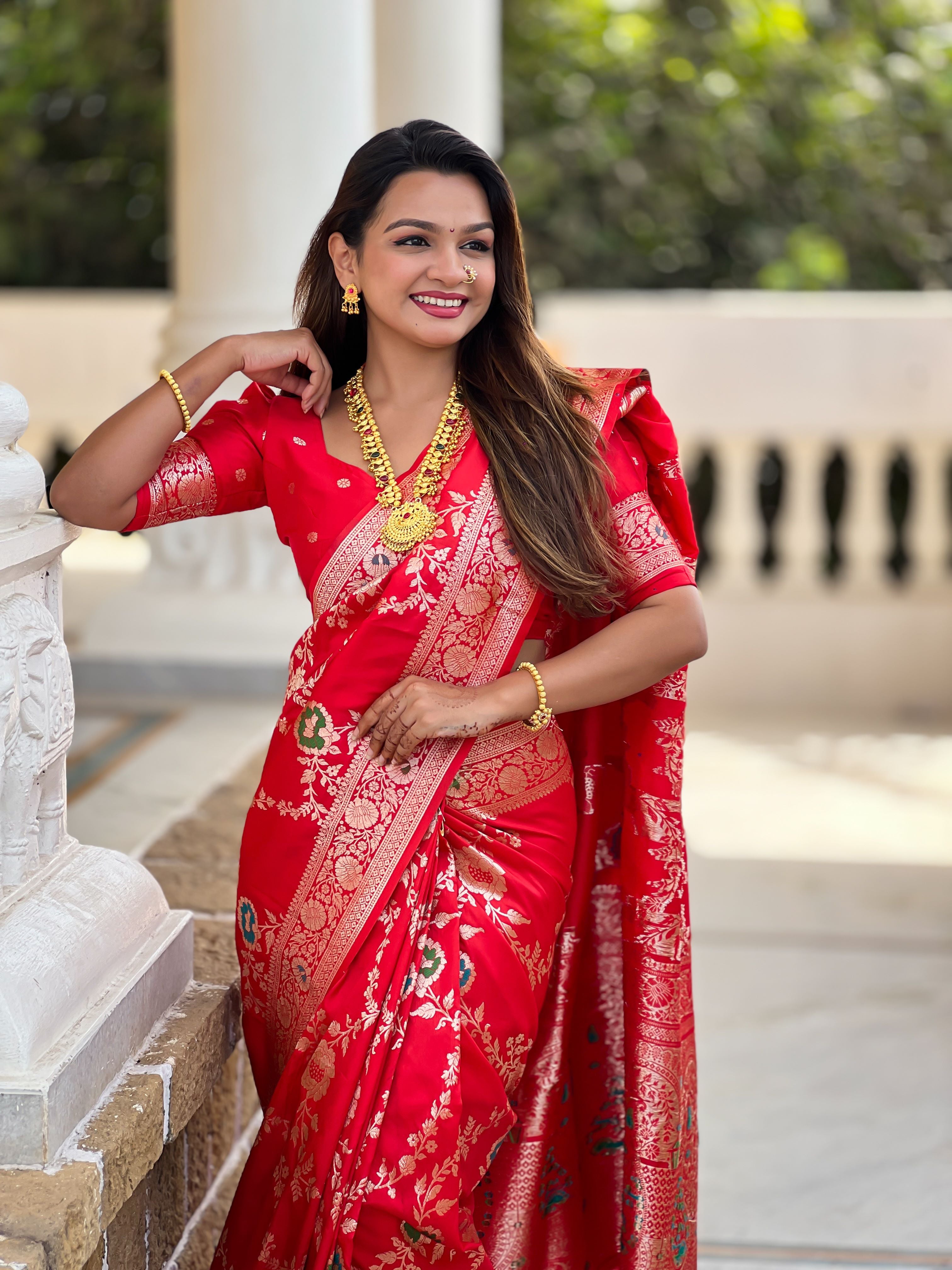 Red Varni Fabrics Women Floral Banarasi Silk Woven Saree comes With Matching Blouse