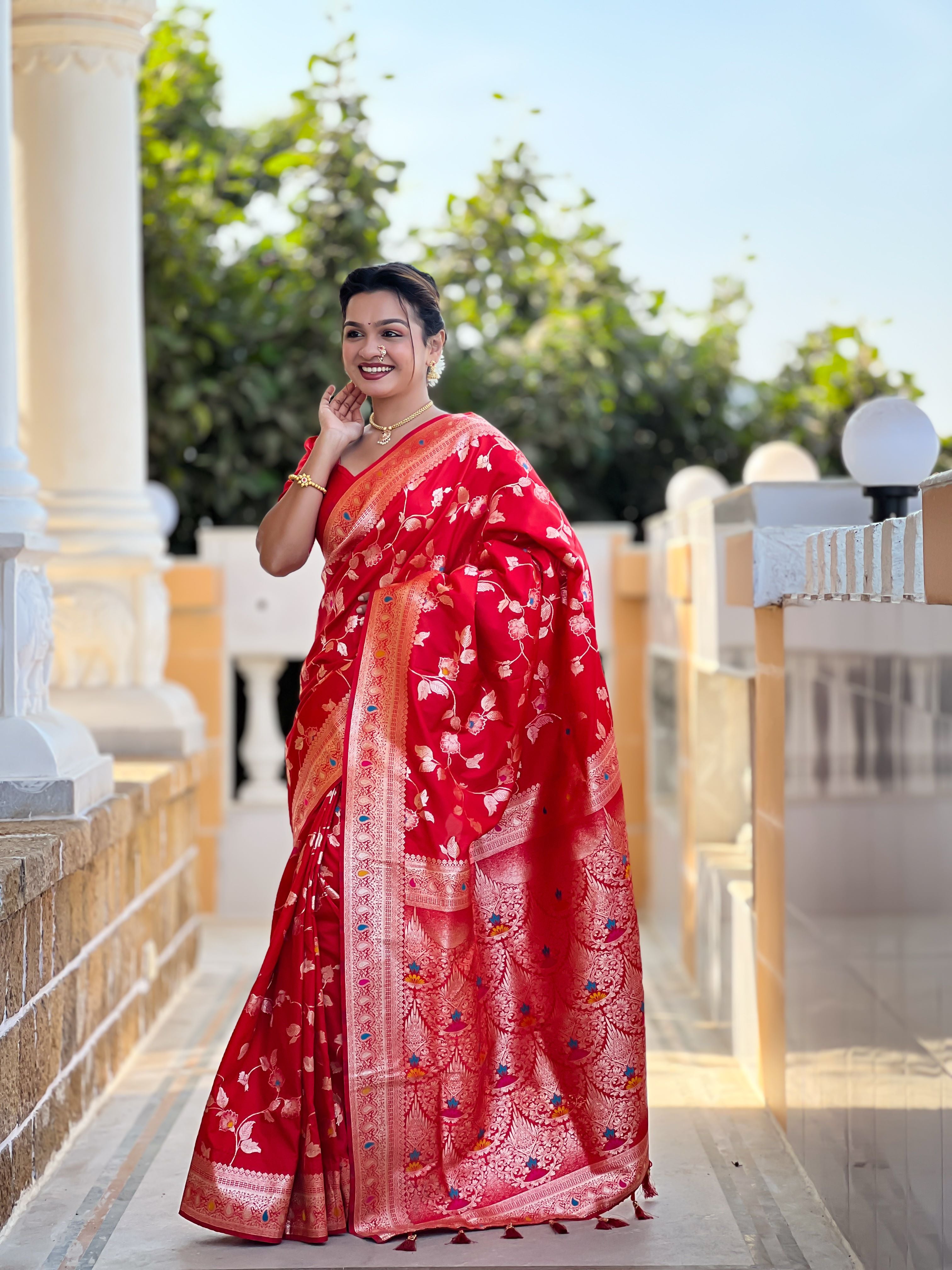 Red Varni Fabrics Women's Traditional Banarasi Silk Saree with Woven Design & Blouse