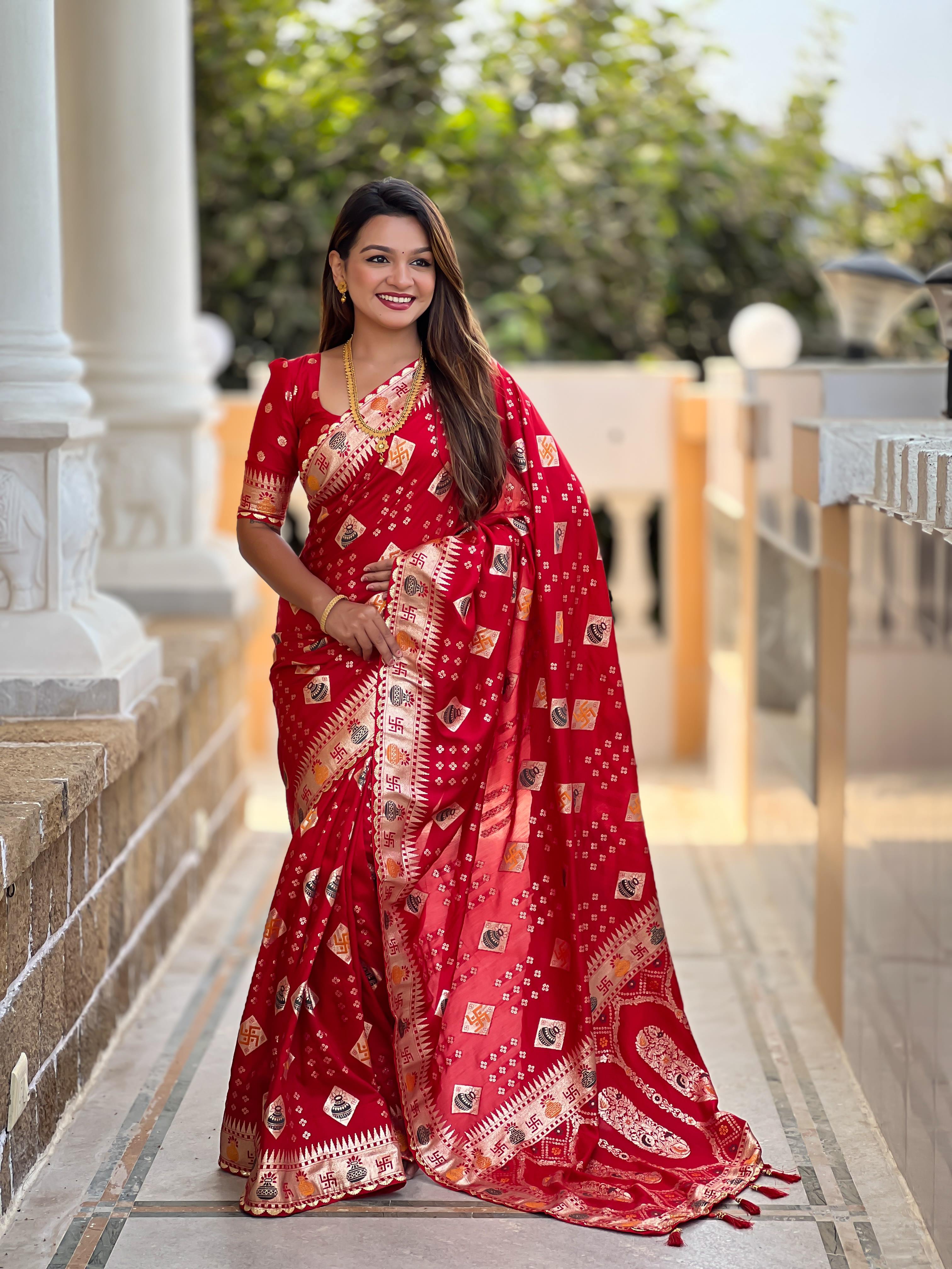 Red Varni Fabrics Women Floral Dolla Silk Tassels and Latkans Saree comes With Matching Blouse