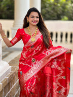 Red Varni Fabrics Women Floral Banarasi Silk Woven Saree comes With Matching Blouse