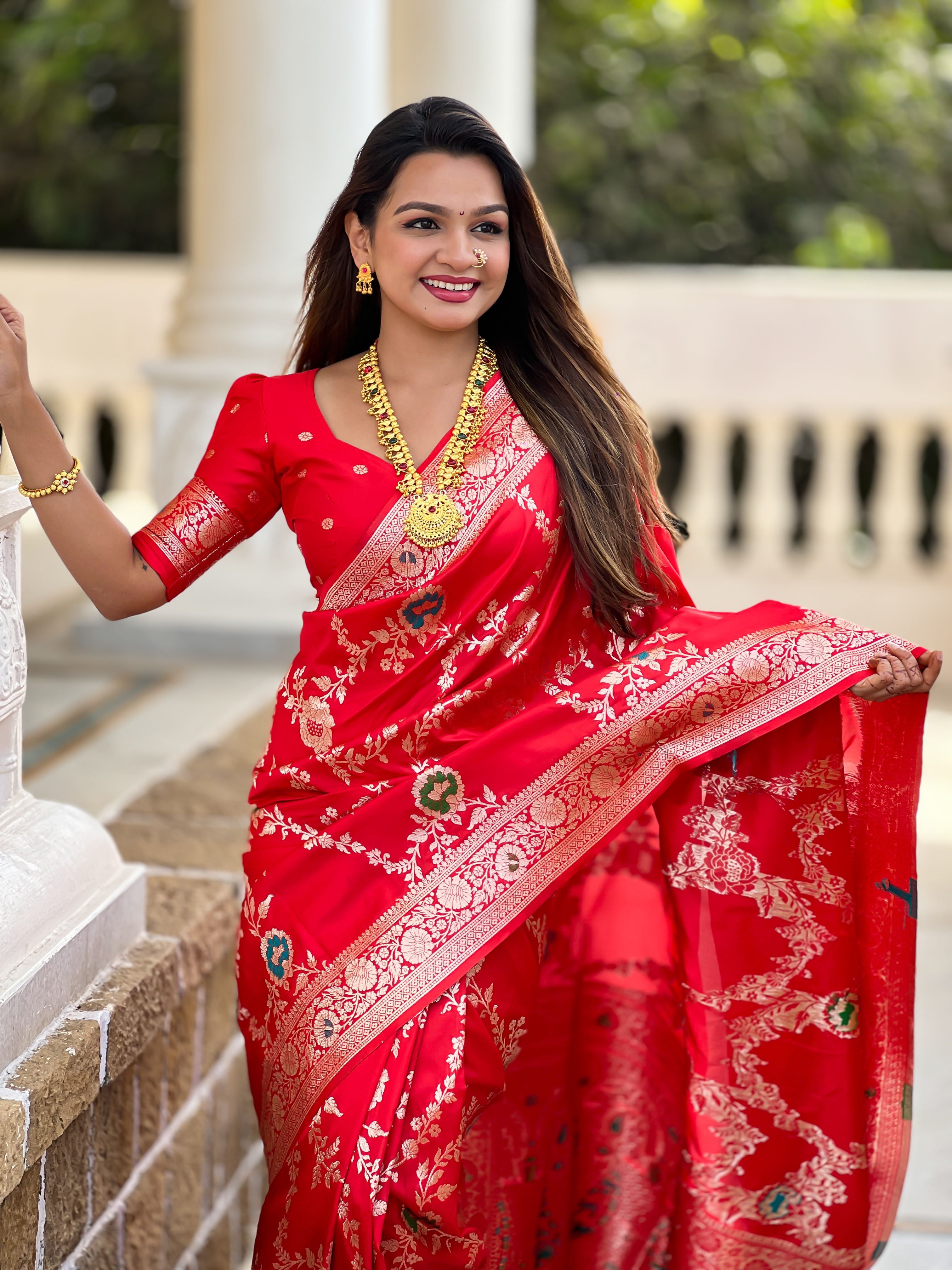 Red Varni Fabrics Women Floral Banarasi Silk Woven Saree comes With Matching Blouse