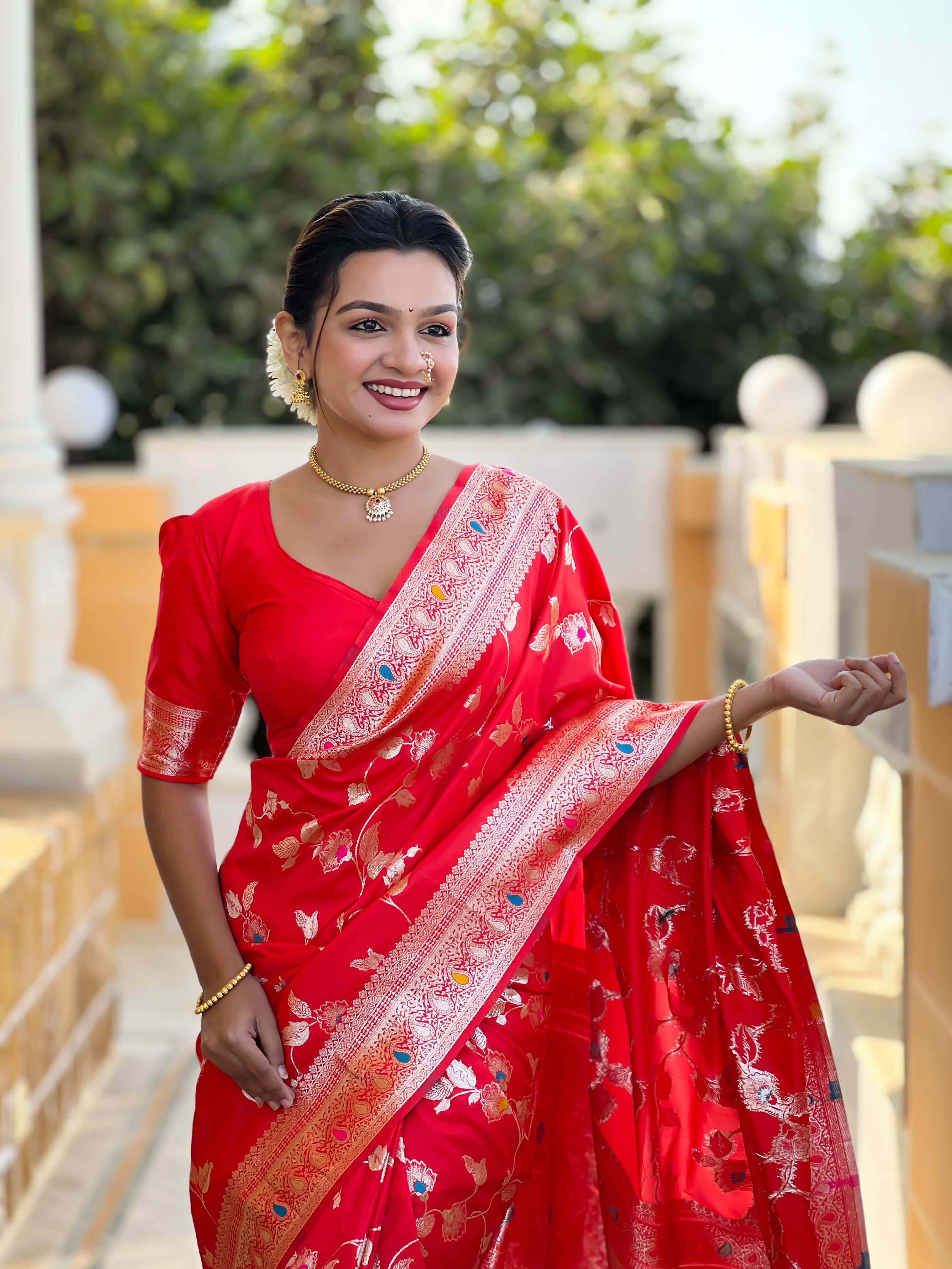 Red Varni Fabrics Women's Traditional Banarasi Silk Saree with Woven Design & Blouse