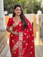 Red Varni Fabrics Women Floral Dolla Silk Tassels and Latkans Saree comes With Matching Blouse