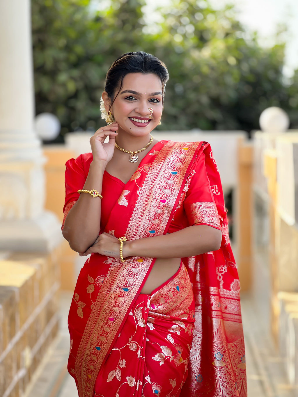 Red Varni Fabrics Women's Traditional Banarasi Silk Saree with Woven Design & Blouse
