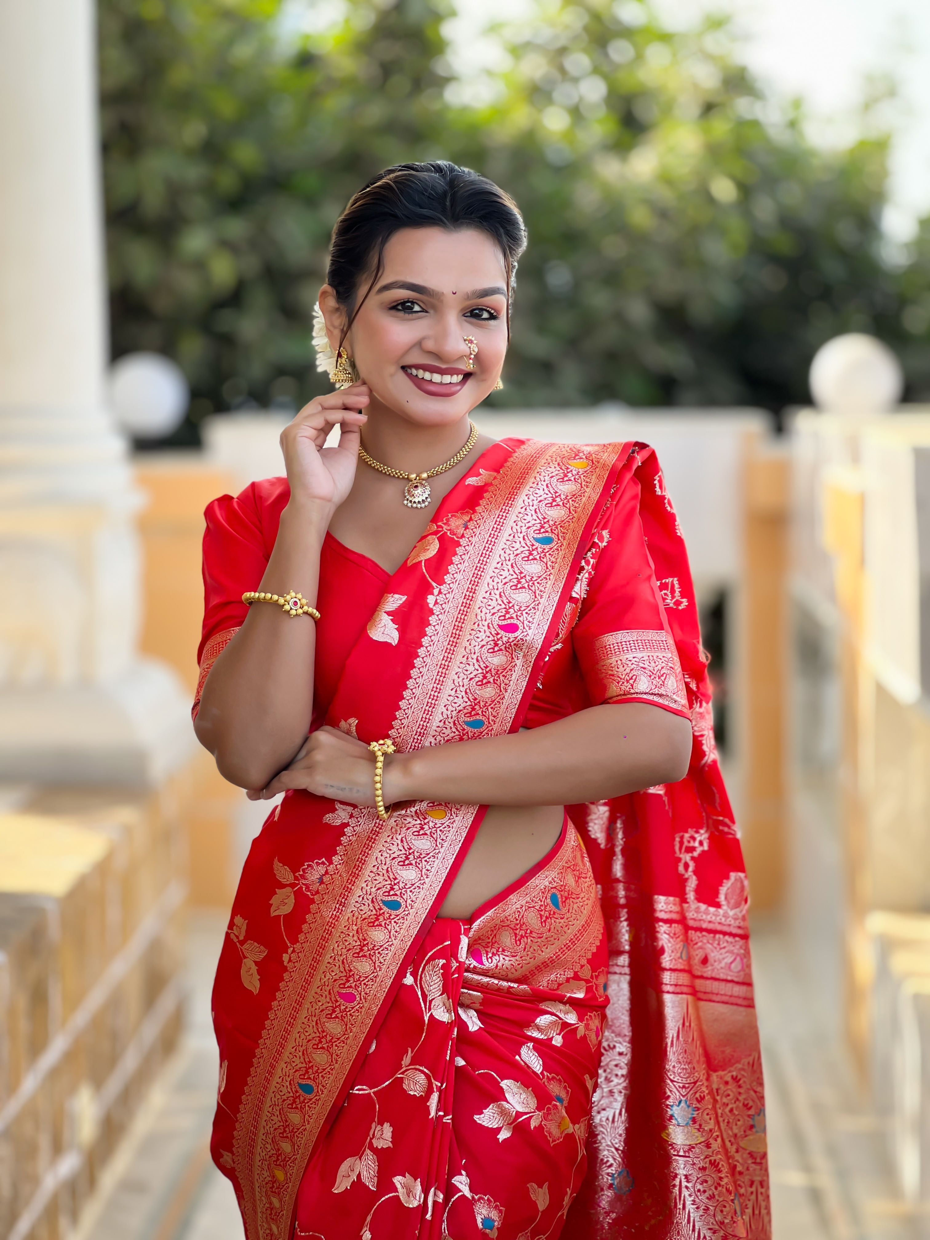 Red Varni Fabrics Women's Traditional Banarasi Silk Saree with Woven Design & Blouse