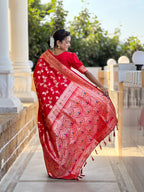 Red Varni Fabrics Women's Traditional Banarasi Silk Saree with Woven Design & Blouse
