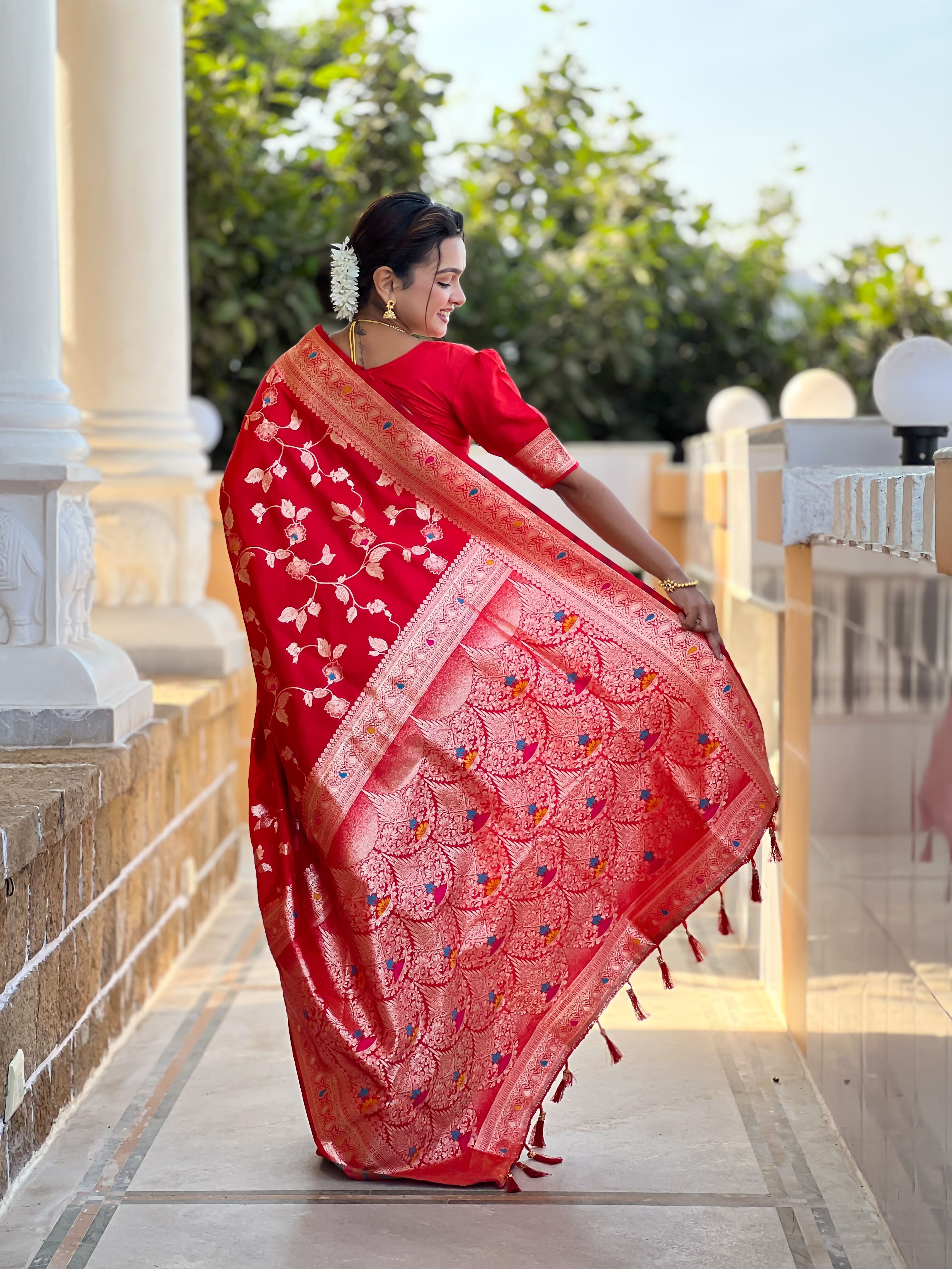 Red Varni Fabrics Women's Traditional Banarasi Silk Saree with Woven Design & Blouse