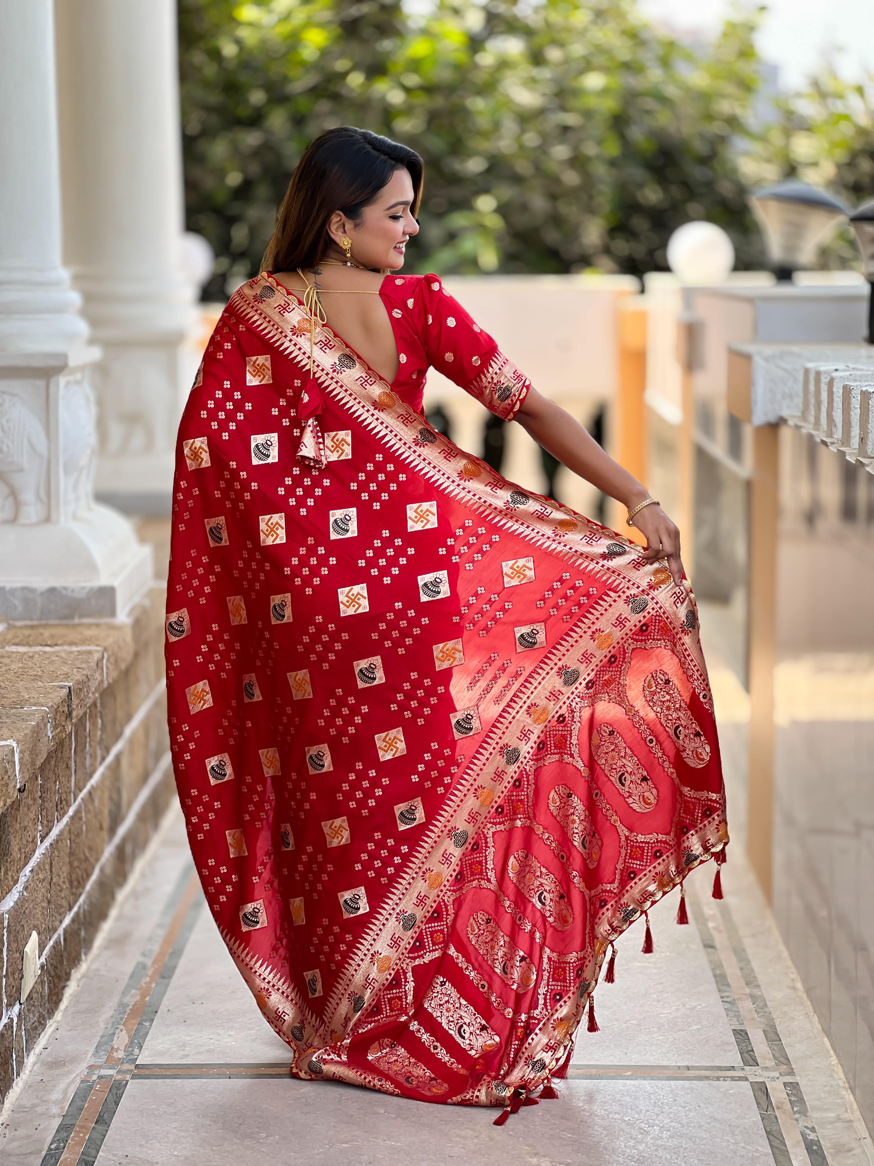 Red Varni Fabrics Women Floral Dolla Silk Tassels and Latkans Saree comes With Matching Blouse