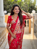 Red Varni Fabrics Women Floral Dolla Silk Tassels and Latkans Saree comes With Matching Blouse