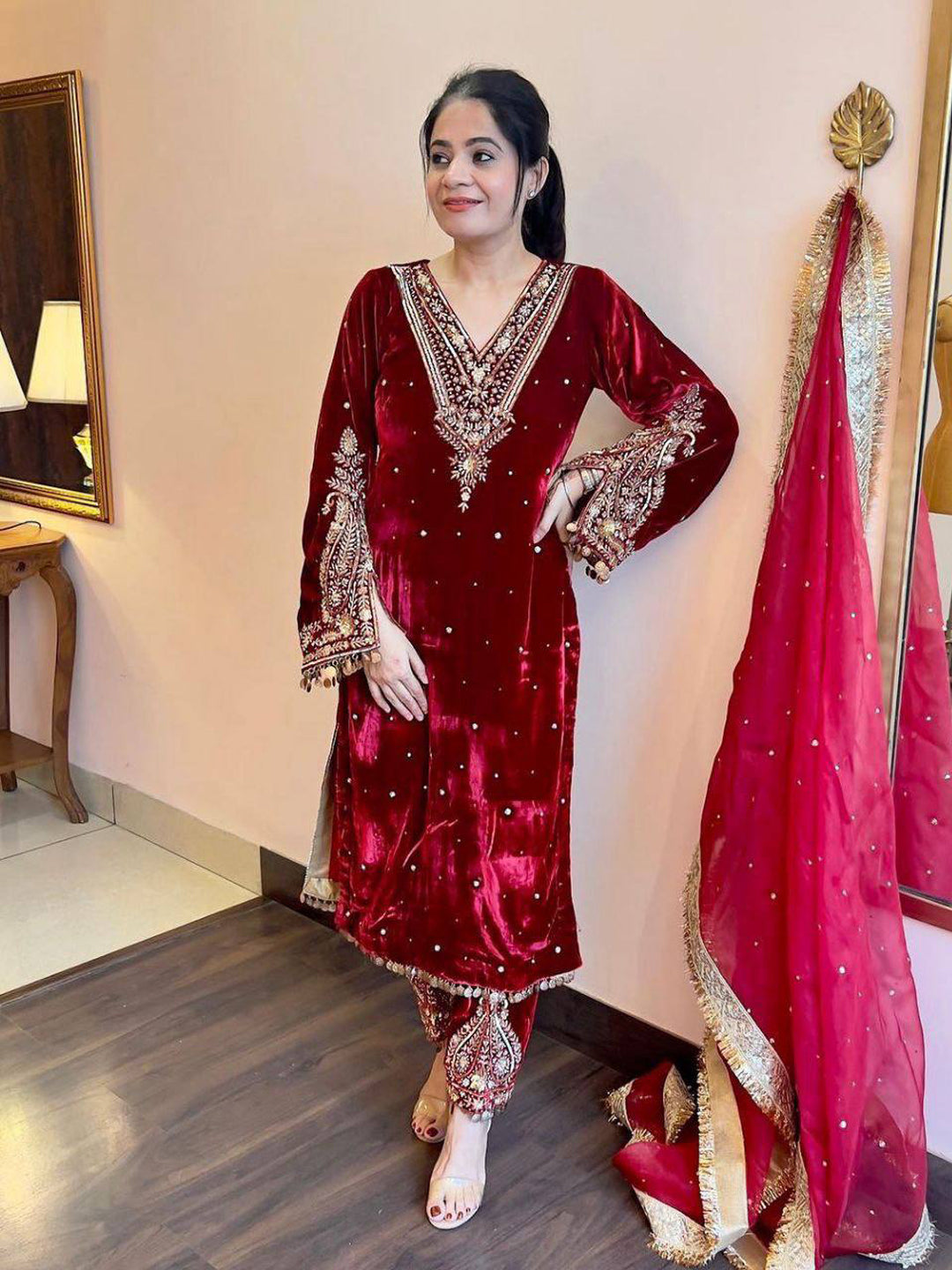 Marron Red Winter special Velvet suit thread with Sequnce rivet Moti and Lace broder
