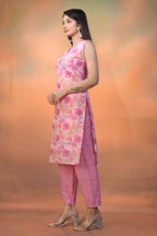 Women’s Pink Printed Cotton Kurti – Sleeveless V-Neck Straight Kurta Set for Summer Casual Wear