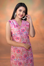 Women’s Pink Printed Cotton Kurti – Sleeveless V-Neck Straight Kurta Set for Summer Casual Wear