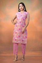 Women’s Pink Printed Cotton Kurti – Sleeveless V-Neck Straight Kurta Set for Summer Casual Wear