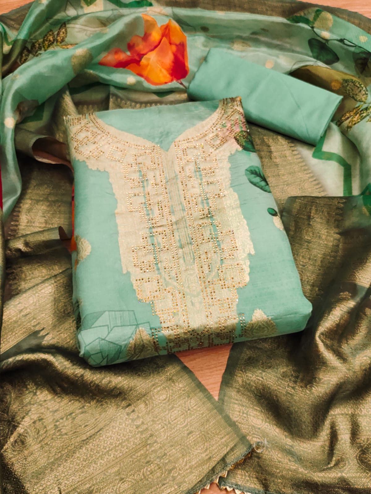 Sea Green Dress Material Set With Dupatta