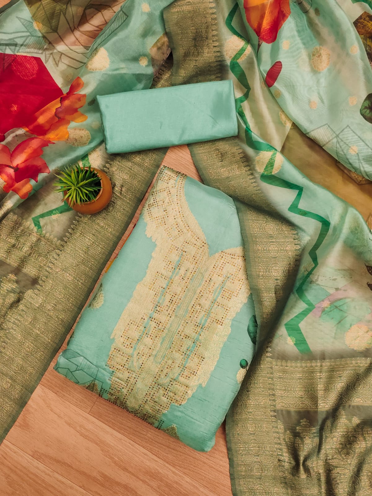 Sea Green Dress Material Set With Dupatta