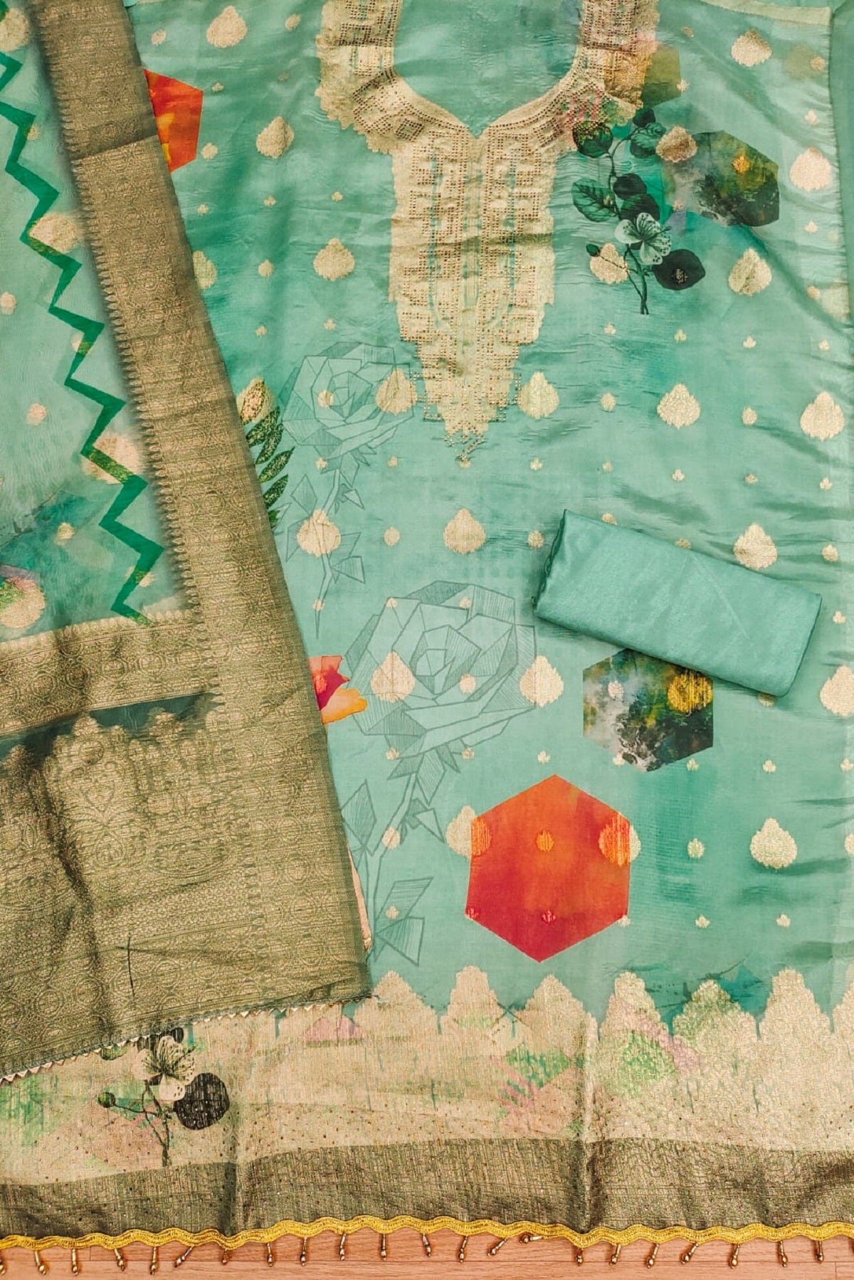 Sea Green Dress Material Set With Dupatta