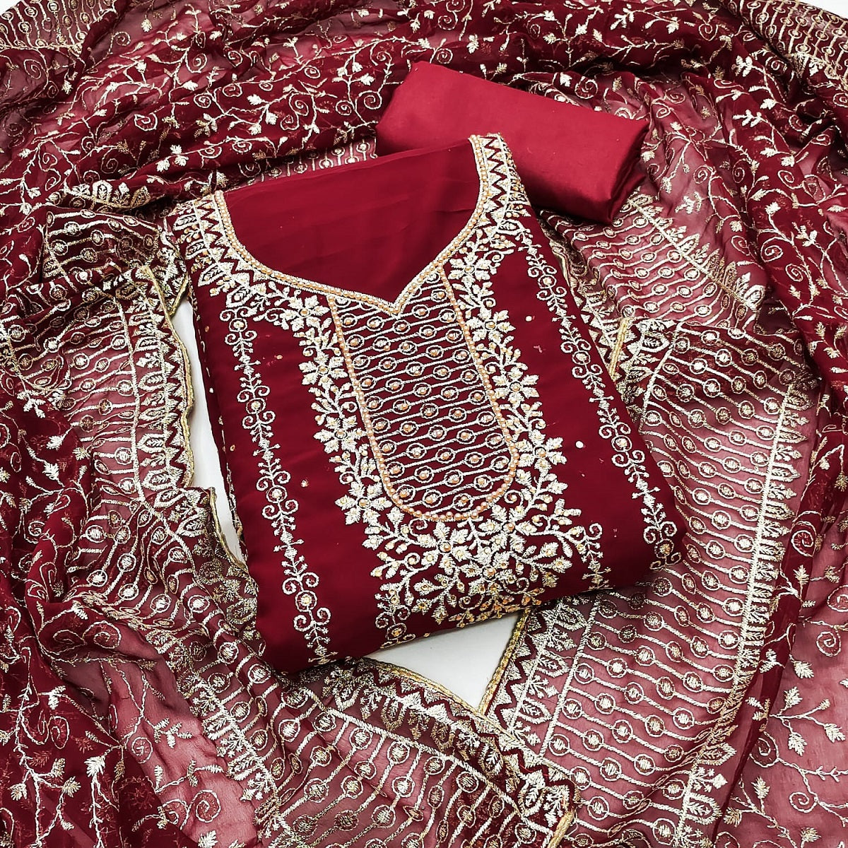 Red Dress Material Set With Dupatta