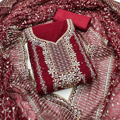 Red Dress Material Set With Dupatta