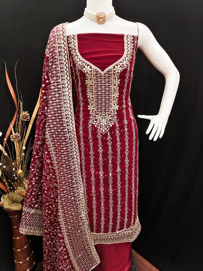 Red Dress Material Set With Dupatta